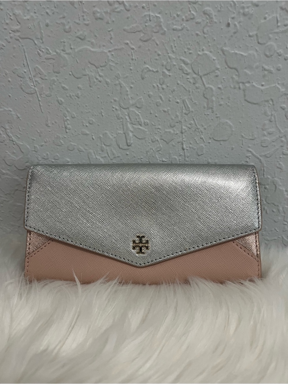 Tory Burch Metallic Silver and Blush Envelope Wallet